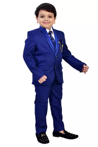 Boys cotton blend solid 5-piece coat suit set - royal blue
