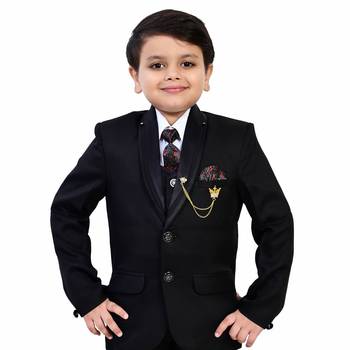 Boys cotton blend solid 5-piece coat suit set - black 5