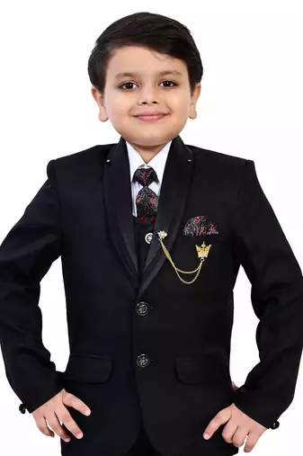 Boys cotton blend solid 5-piece coat suit set - black