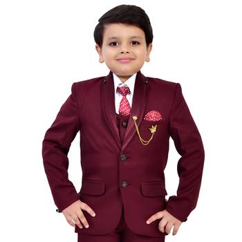 Boys cotton blend solid 5-piece coat suit set - maroon 5