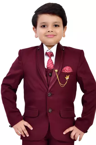 Boys cotton blend solid 5-piece coat suit set - maroon