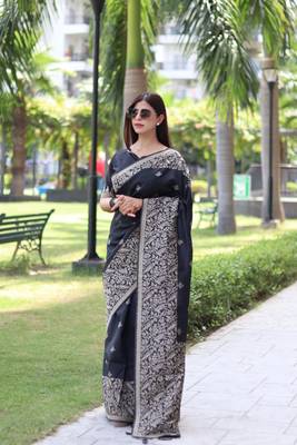 Black Raw Silk Designer Border & Fancy Rich Pallu With Raw Silk Blouse And Saree For Women   1