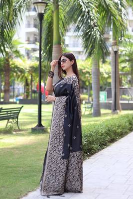 Black Raw Silk Designer Border & Fancy Rich Pallu With Raw Silk Blouse And Saree For Women   4