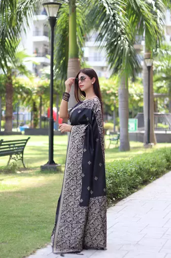Black Raw Silk Designer Border & Fancy Rich Pallu With Raw Silk Blouse And Saree For Women  