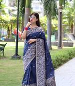 Navy Raw Silk Designer Border & Fancy Rich Pallu With Raw Silk Blouse And Saree For Women  