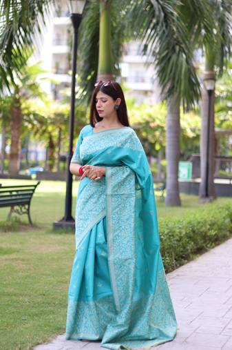 Sky Blue Raw Silk Designer Border & Fancy Rich Pallu With Raw Silk Blouse And Saree For Women  