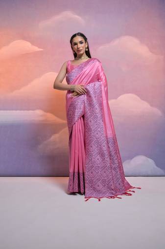 Baby Pink Raw Silk Designer Border & Fancy Rich Pallu With Raw Silk Blouse And Saree For Women  