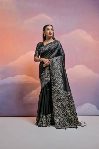 Black Raw Silk Designer Border & Fancy Rich Pallu With Raw Silk Blouse And Saree For Women  