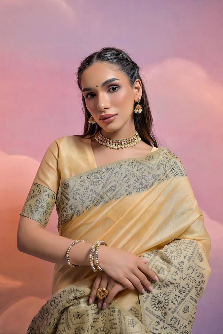 Cream Raw Silk Designer Border & Fancy Rich Pallu With Raw Silk Blouse And Saree For Women  
