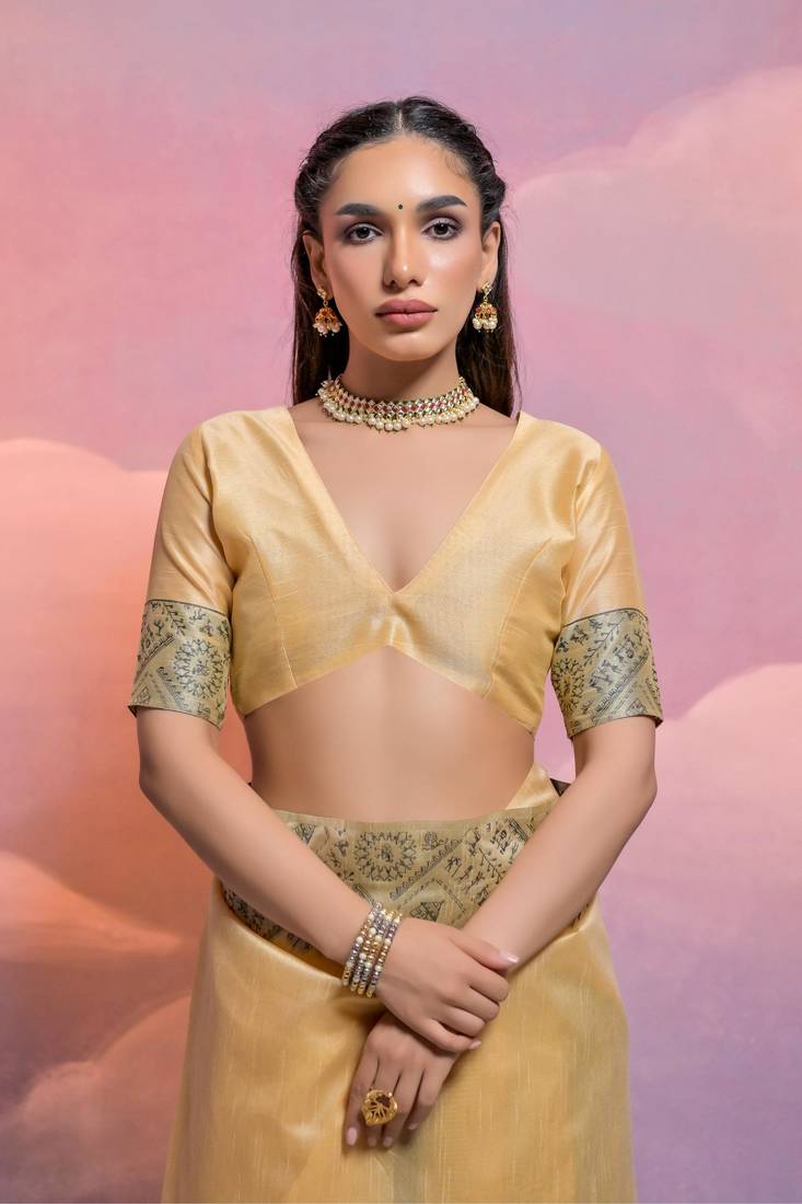 Cream Raw Silk Designer Border & Fancy Rich Pallu With Raw Silk Blouse And Saree For Women  