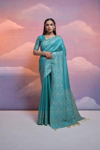 Firozi Raw Silk Designer Border & Fancy Rich Pallu With Raw Silk Blouse And Saree For Women  