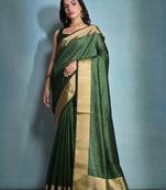 Green Raw Silk Contrast Border And Designer Rich Pallu Saree With Blouse For Women