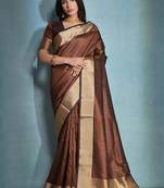 Coffee Raw Silk Contrast Border And Designer Rich Pallu Saree With Blouse For Women