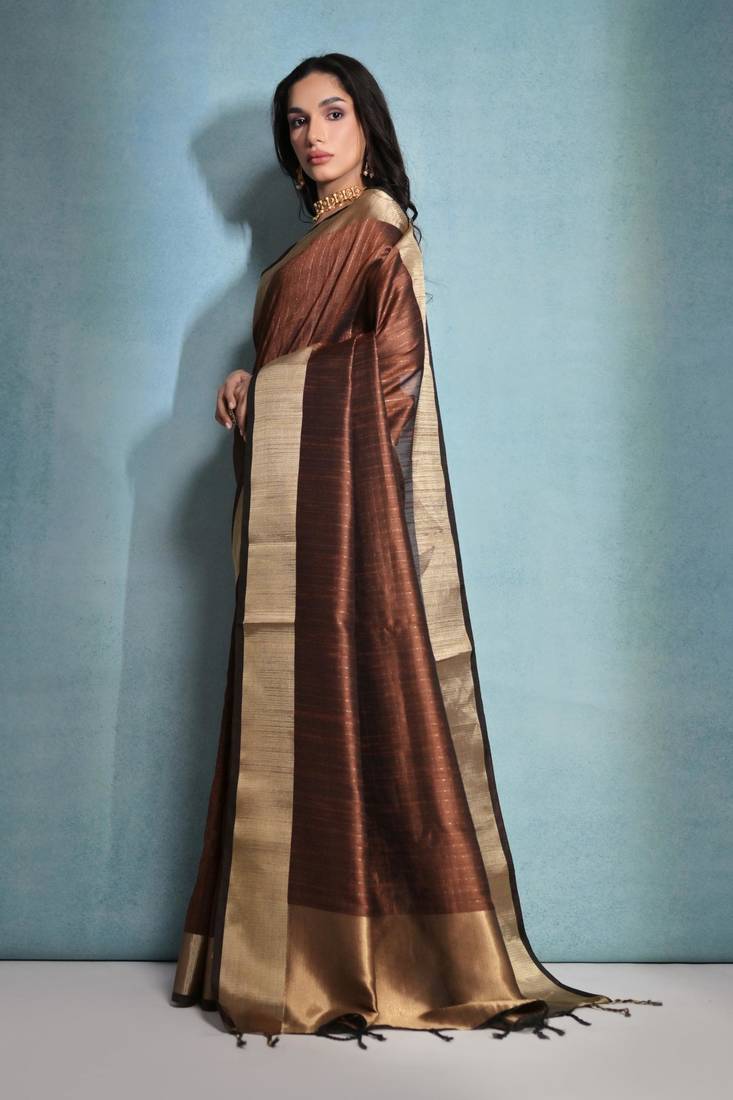 Coffee Raw Silk Contrast Border And Designer Rich Pallu Saree With Blouse For Women