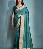 Rama Raw Silk Contrast Border And Designer Rich Pallu Saree With Blouse For Women