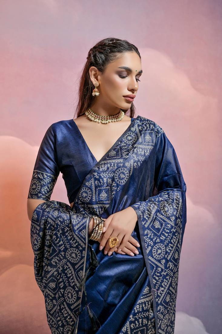 Navy Blue Raw Silk Designer Border & Fancy Rich Pallu With Raw Silk Blouse And Saree For Women  