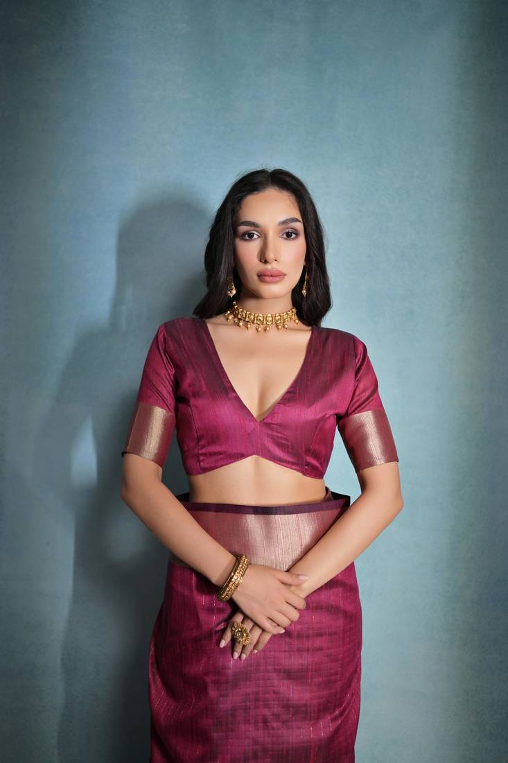 Rani Raw Silk Contrast Border And Designer Rich Pallu Saree With Blouse For Women