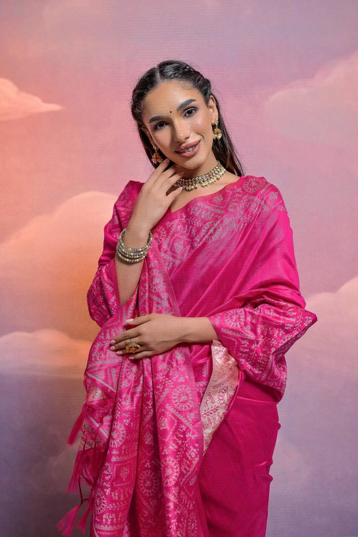Rani Pink Raw Silk Designer Border & Fancy Rich Pallu With Raw Silk Blouse And Saree For Women  
