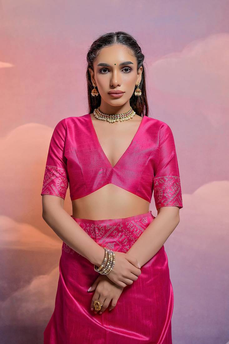 Rani Pink Raw Silk Designer Border & Fancy Rich Pallu With Raw Silk Blouse And Saree For Women  