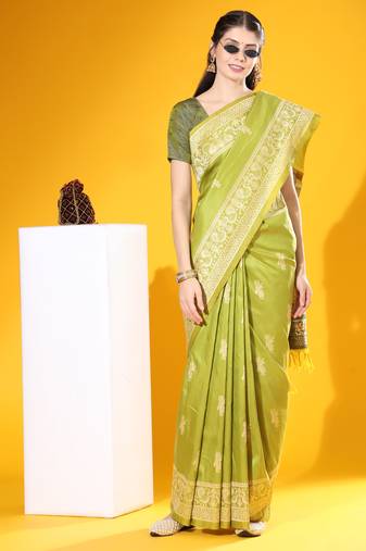 Mehandi Raw Silk Designer Border & Fancy Rich Pallu With Raw Silk Blouse And Saree For Women  