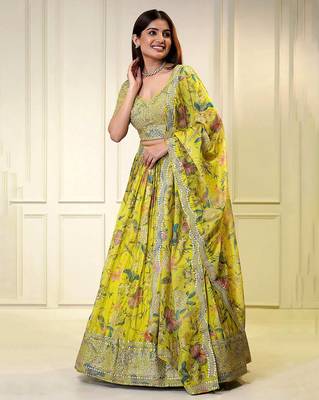 Gorgeous Yellow Digital Print with Sequins Zari Embroidery work lehenga choli  1
