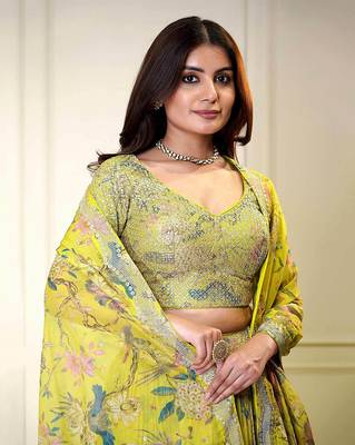 Gorgeous Yellow Digital Print with Sequins Zari Embroidery work lehenga choli  3