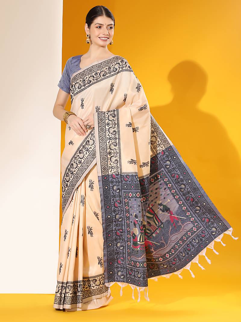 Off White Raw Silk Designer Border & Fancy Rich Pallu With Raw Silk Blouse And Saree For Women  