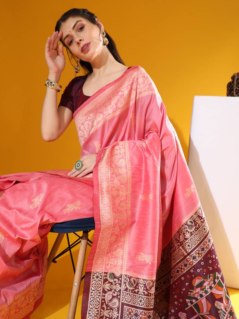 Pink Raw Silk Designer Border & Fancy Rich Pallu With Raw Silk Blouse And Saree For Women  