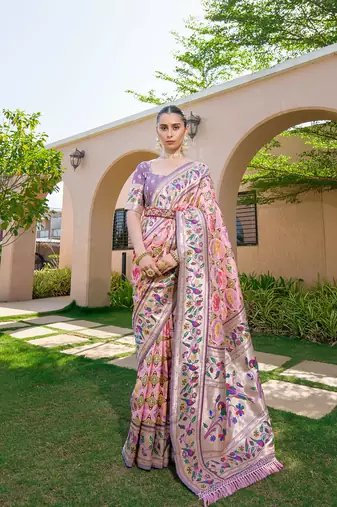 Baby Pink Faux Banarasi Soft Silk Printed Border & Heavy Rich Pallu With Blouse For Women