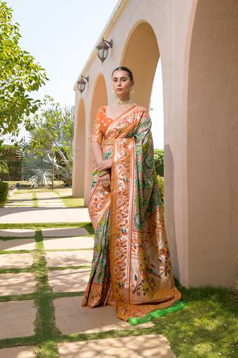 Green Faux Banarasi Soft Silk Printed Border & Heavy Rich Pallu With Blouse For Women