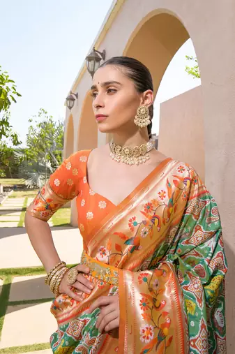 Green Faux Banarasi Soft Silk Printed Border & Heavy Rich Pallu With Blouse For Women