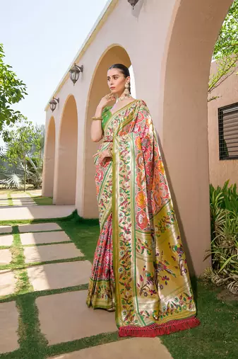 Orange Faux Banarasi Soft Silk Printed Border & Heavy Rich Pallu With Blouse For Women