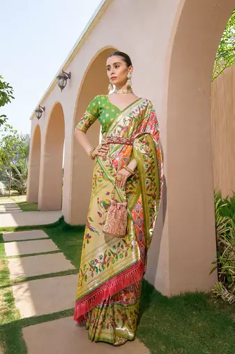 Orange Faux Banarasi Soft Silk Printed Border & Heavy Rich Pallu With Blouse For Women