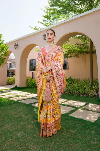 Yellow Faux Banarasi Soft Silk Printed Border & Heavy Rich Pallu With Blouse For Women