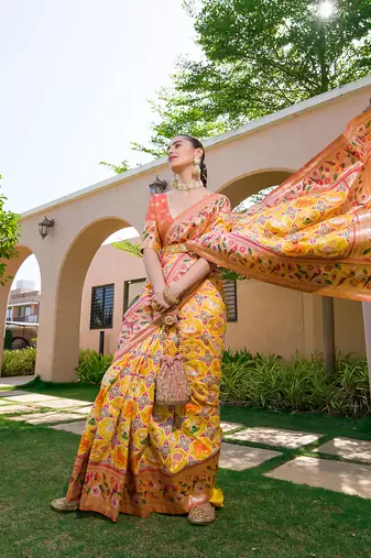 Yellow Faux Banarasi Soft Silk Printed Border & Heavy Rich Pallu With Blouse For Women