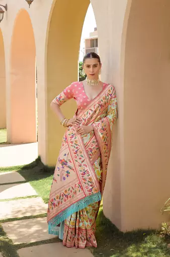 Light Green Faux Banarasi Soft Silk Printed Border & Heavy Rich Pallu With Blouse For Women