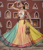 Multicolored Embroidered Poly Maska Silk Gujarati Garba Navratri Lehenga Chaniya Choli With Jacket