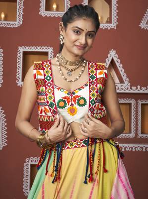 Multicolored Embroidered Poly Maska Silk Gujarati Garba Navratri Lehenga Chaniya Choli With Jacket 3