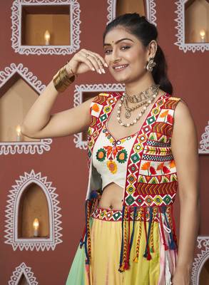 Multicolored Embroidered Poly Maska Silk Gujarati Garba Navratri Lehenga Chaniya Choli With Jacket 4