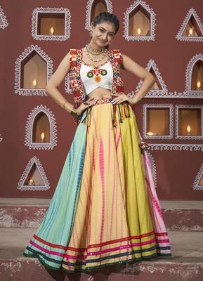 Multicolored Embroidered Poly Maska Silk Gujarati Garba Navratri Lehenga Chaniya Choli With Jacket 6