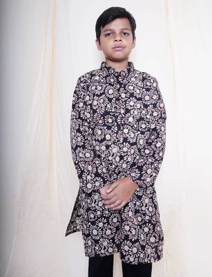 Boys Bagru Handblock Printed Full Sleeves Kurta With Paired With Black Cotton Pants 2