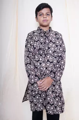 Boys Bagru Handblock Printed Full Sleeves Kurta With Paired With Black Cotton Pants