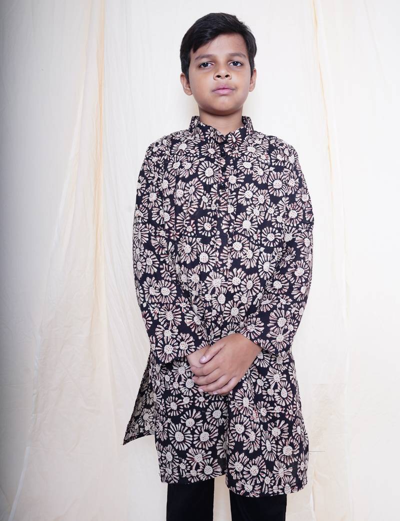 Boys Bagru Handblock Printed Full Sleeves Kurta With Paired With Black Cotton Pants