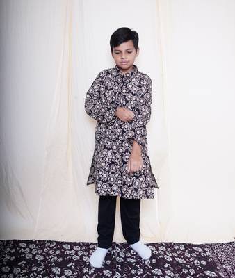 Boys Bagru Handblock Printed Full Sleeves Kurta With Paired With Black Cotton Pants 3