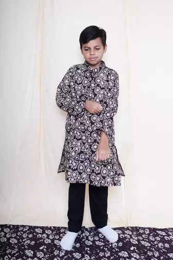Boys Bagru Handblock Printed Full Sleeves Kurta With Paired With Black Cotton Pants