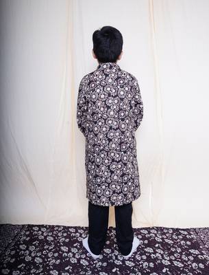 Boys Bagru Handblock Printed Full Sleeves Kurta With Paired With Black Cotton Pants 4