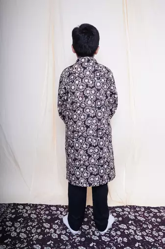 Boys Bagru Handblock Printed Full Sleeves Kurta With Paired With Black Cotton Pants