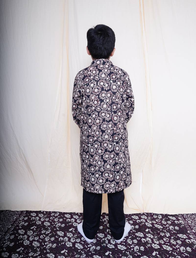 Boys Bagru Handblock Printed Full Sleeves Kurta With Paired With Black Cotton Pants