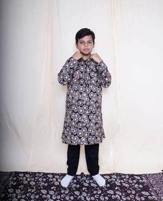 Boys Bagru Handblock Printed Full Sleeves Kurta With Paired With Black Cotton Pants 5