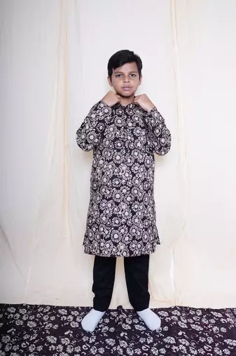 Boys Bagru Handblock Printed Full Sleeves Kurta With Paired With Black Cotton Pants